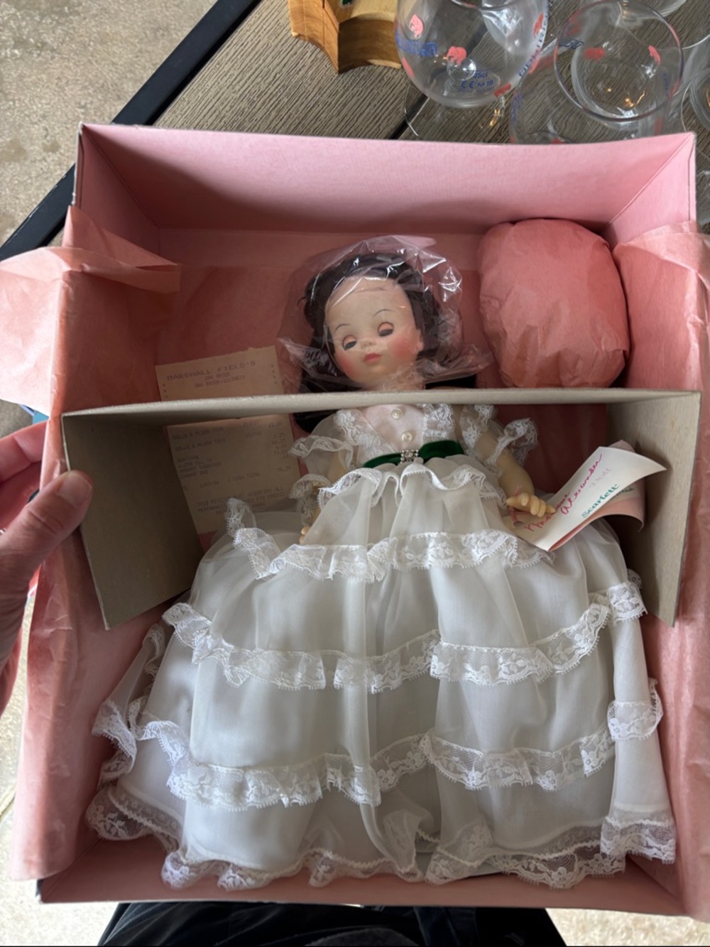 Madame Alexander white lace doll with green ribbon in pink box